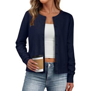 Womens Crew Neck Cardigan Sweater Lightweight Long Sleeve Fall Knit Top